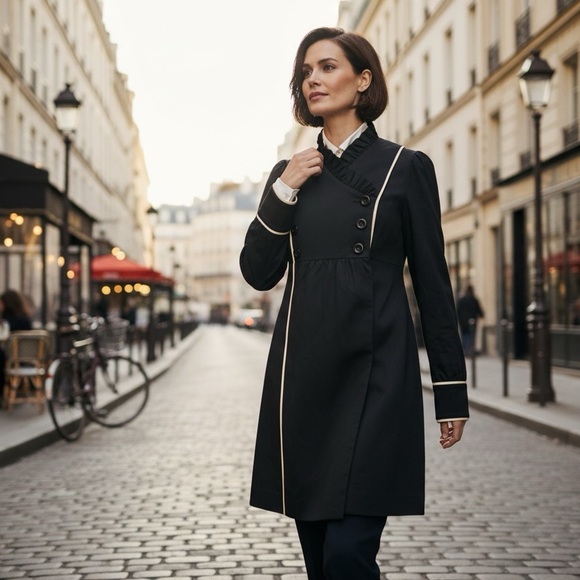 Betsey Johnson Black Dress Coat White Piping Princess Structured Size 10 - Picture 8 of 13